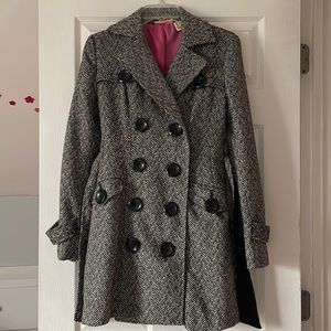 DKNY JEANS Double Breasted Coat Black/White Tweed with Belt, Medium